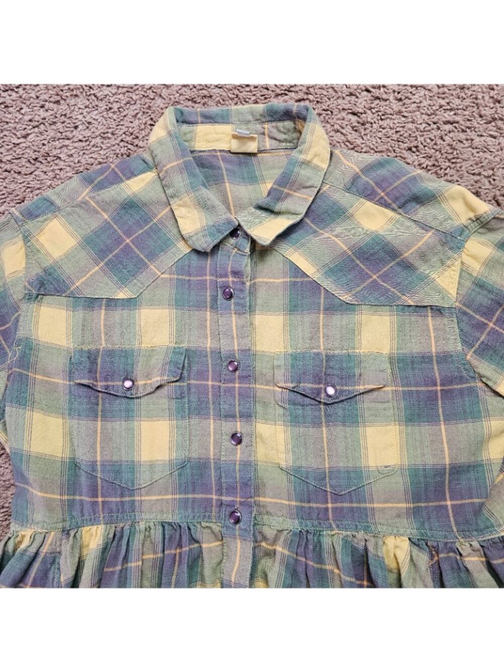 Ivy Jane Plaid Peplum Top Womens M Y2K Boho Western Ruffle Flannel Button Shirt - Picture 2 of 8
